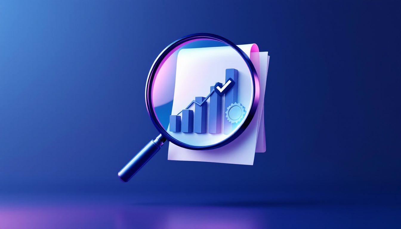 Lupa examinando un informe de auditoría SEO con un gráfico de resultados al alza