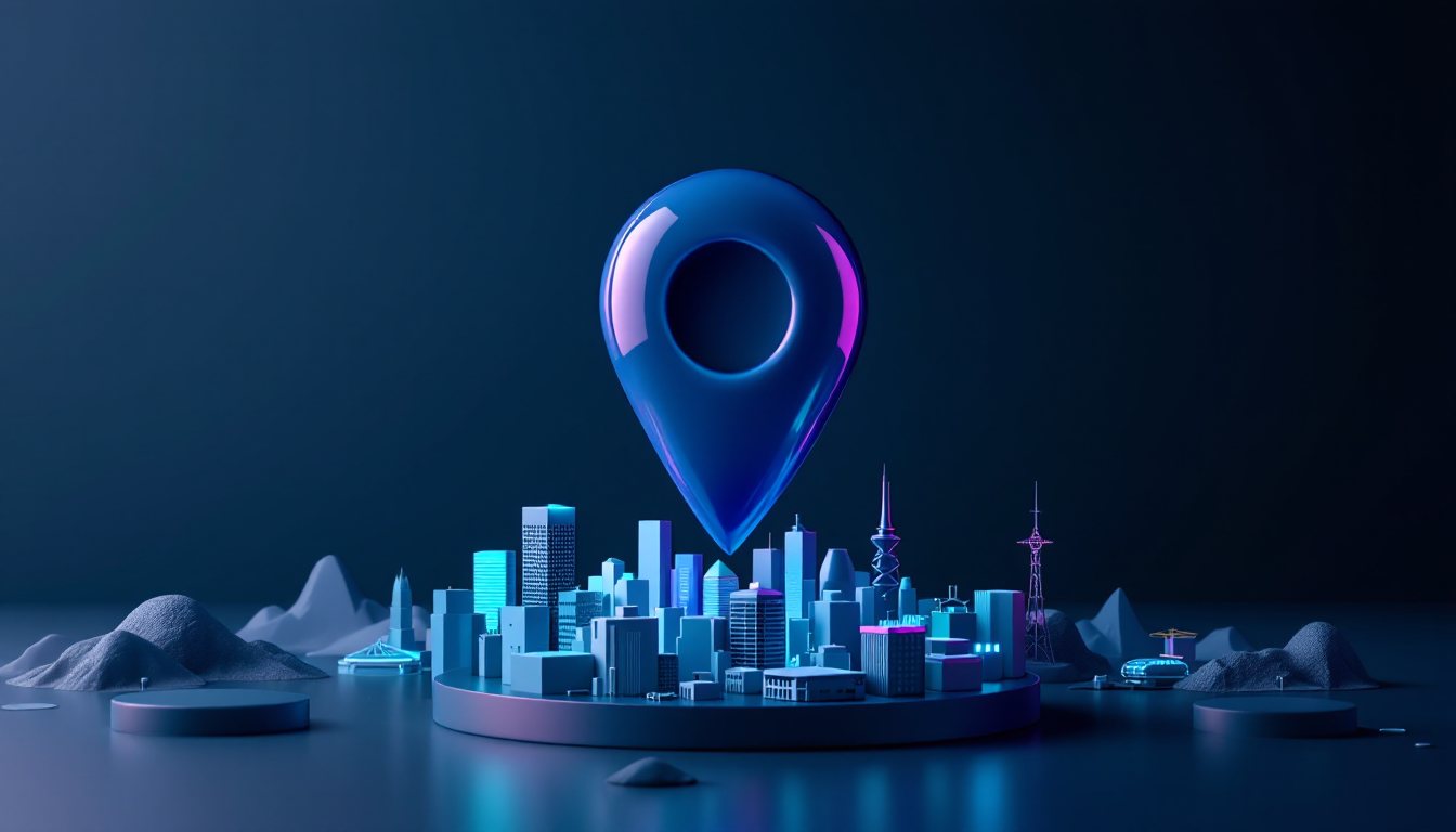 Un pin de ubicación sobre una ciudad en 3D que representa el SEO local