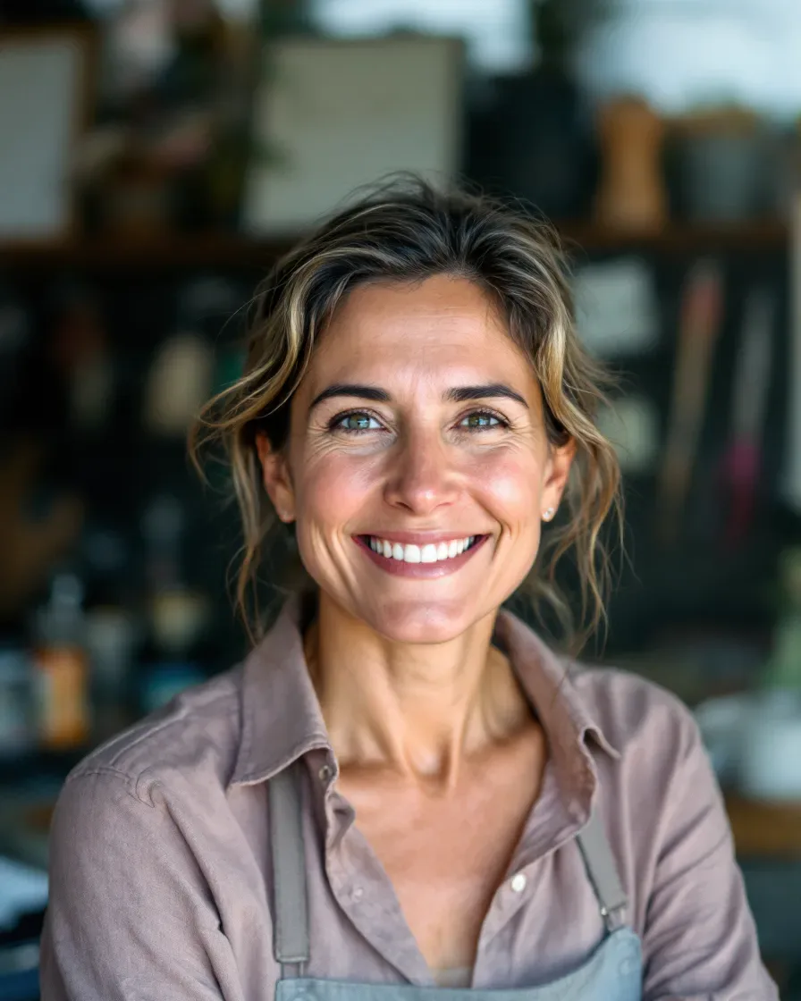 Dueña de un pequeño negocio sonriendo en su local